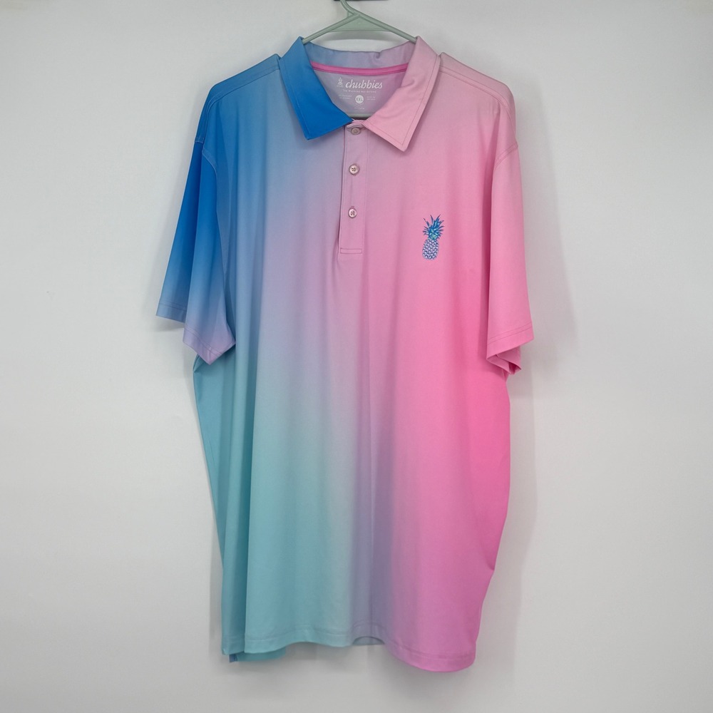 Chubbies Mens XXL Pink‎ Blue Ombre Gradient Pineapple Performance Polo Shirt